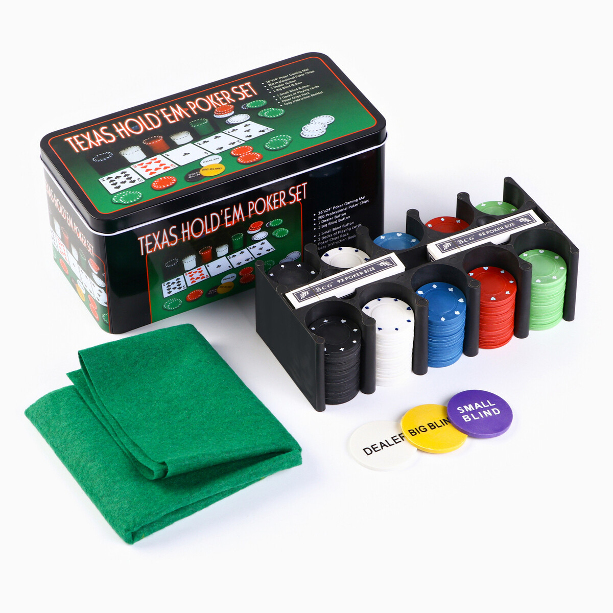 Покер, набор для игры (карты 2 колоды, фишки 200 шт.), без номинала, 60 х 90 см No brand 010577755 - фото 1