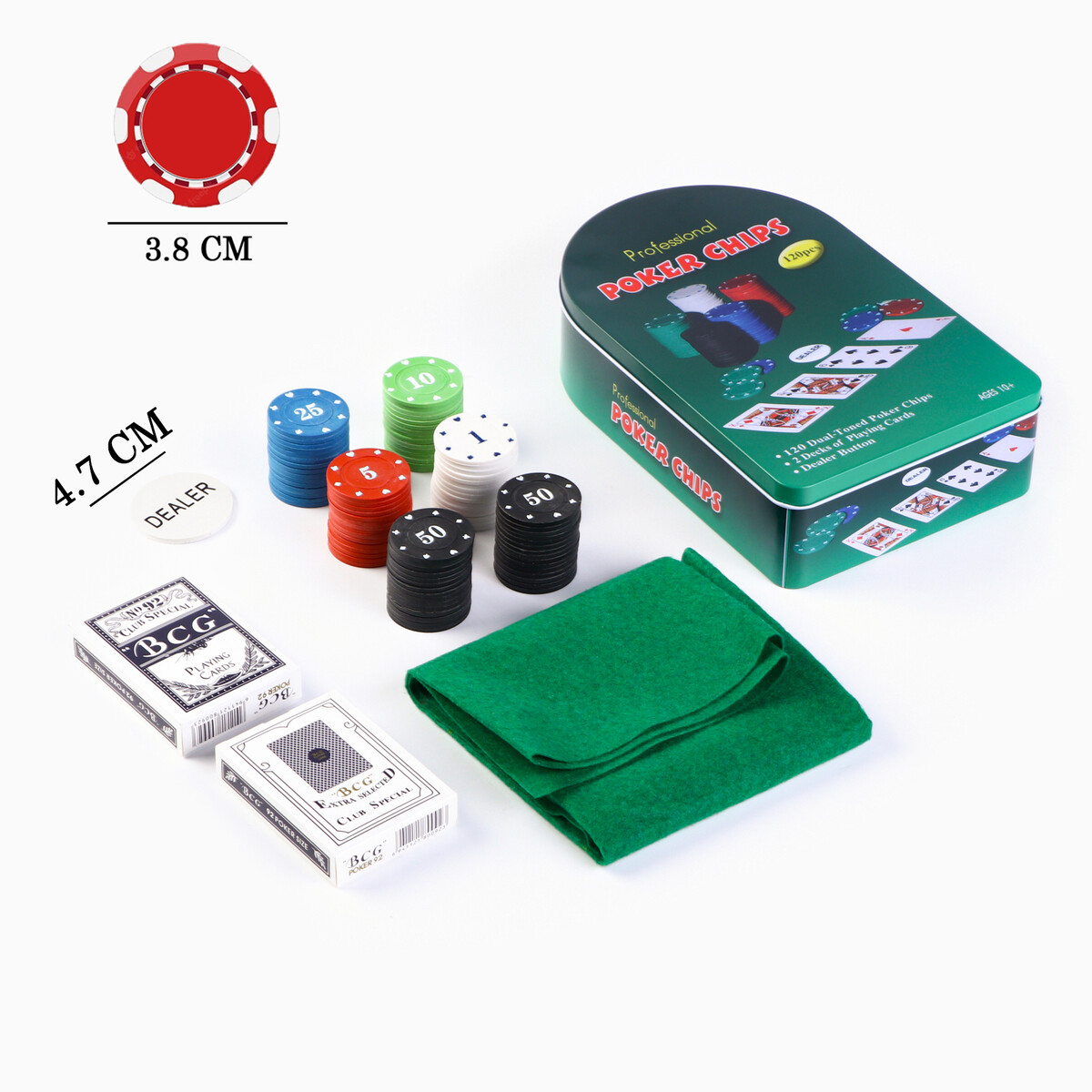 Покер, набор для игры (карты 2 колоды, фишки 120 шт.), с номиналом, 57 х 40 см фишки для игры в нарды дерево d 2 см