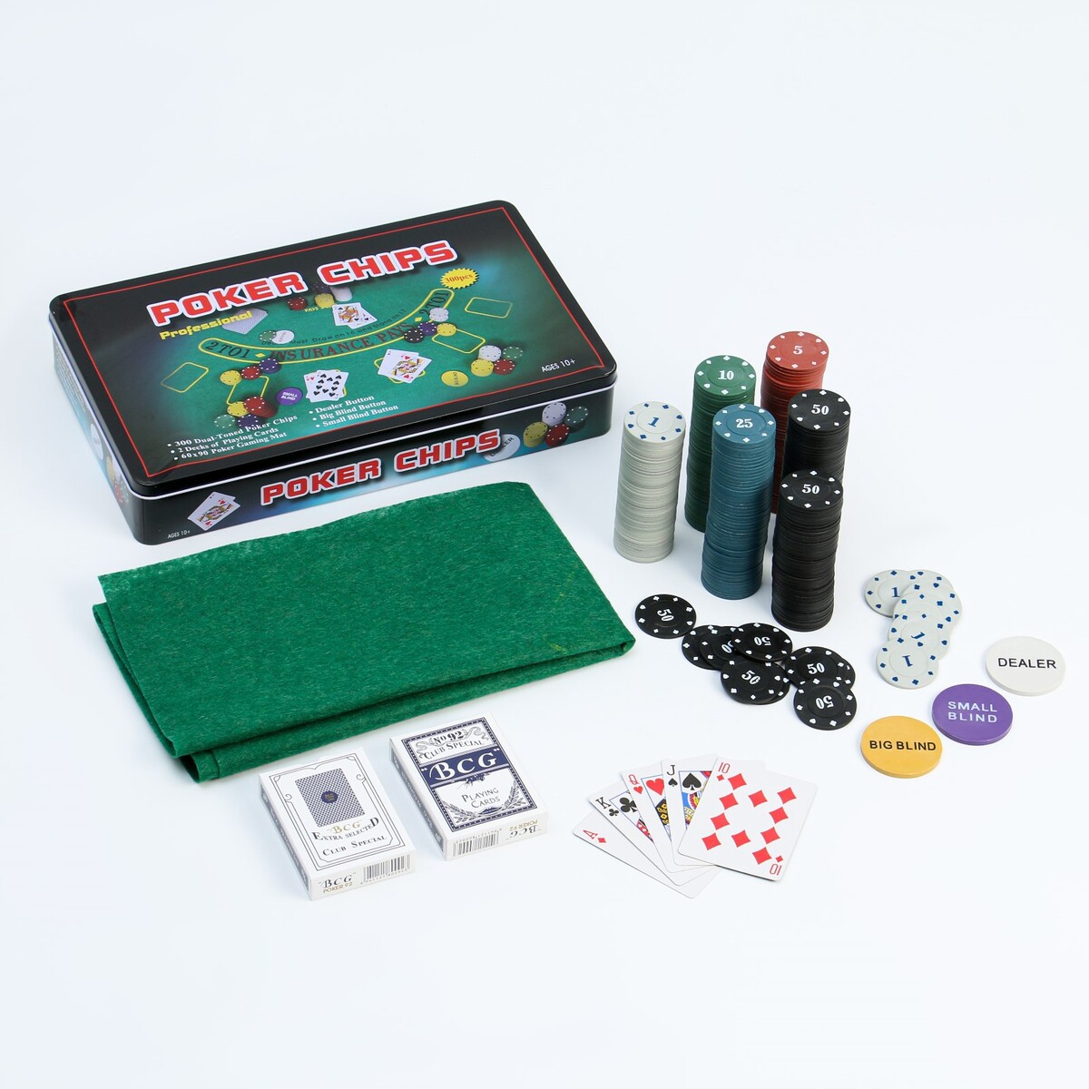 Покер, набор для игры (карты 2 колоды, фишки 300 шт.), с номиналом, 60 х 90 см No brand
