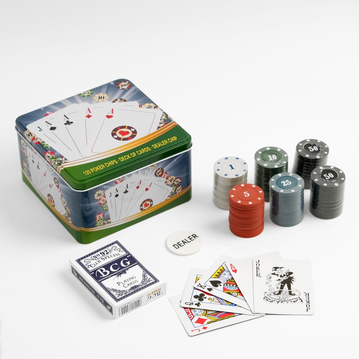 Покер, набор для игры (карты 54 шт, фишки 120 шт.), с номиналом, 15 х 15 см карты для игры в японского дурака правила на картах