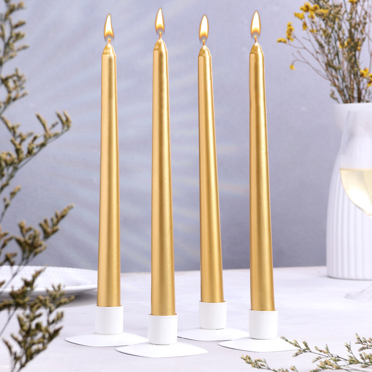 Набор свечей античных, 2,3х 25 см, 4 шт, лакированная, золотой металлик набор свечей античных 1 9х 20 см 6 штук перламутровый металлик
