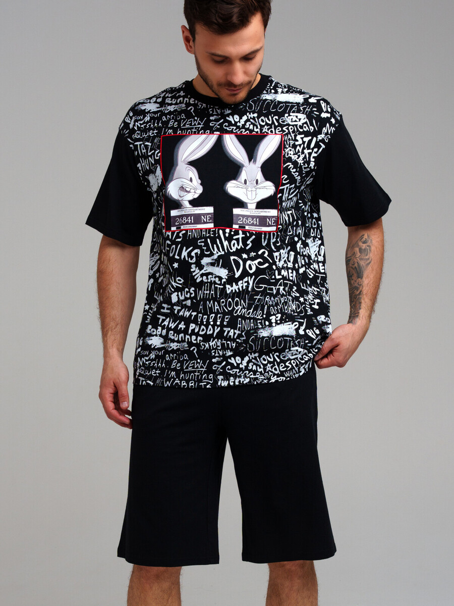 Комплект трикотажный фуфайка футболка шорты пижама пояс PLAYTODAY, размер 46, цвет черный 010773850 - фото 2