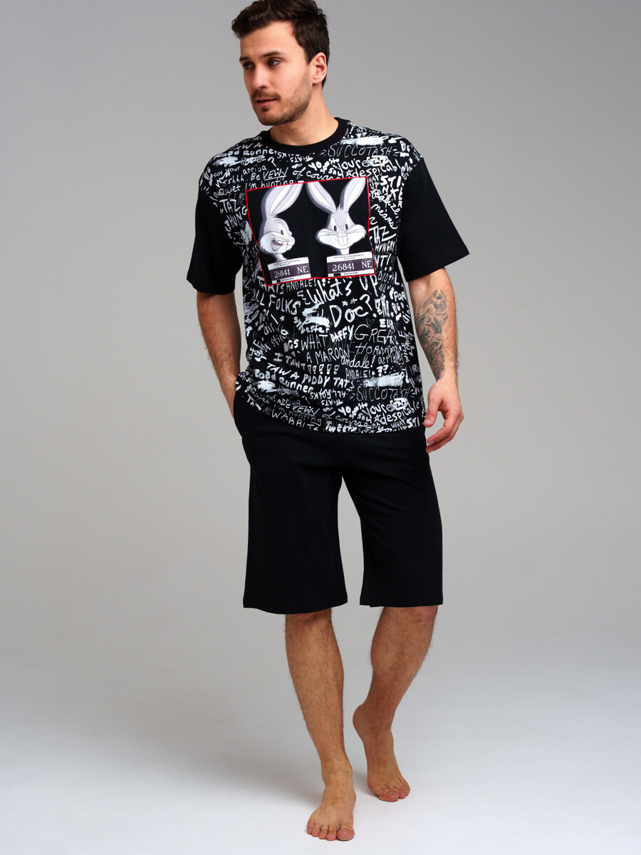 Комплект трикотажный фуфайка футболка шорты пижама пояс PLAYTODAY, размер 46, цвет черный 010773850 - фото 1