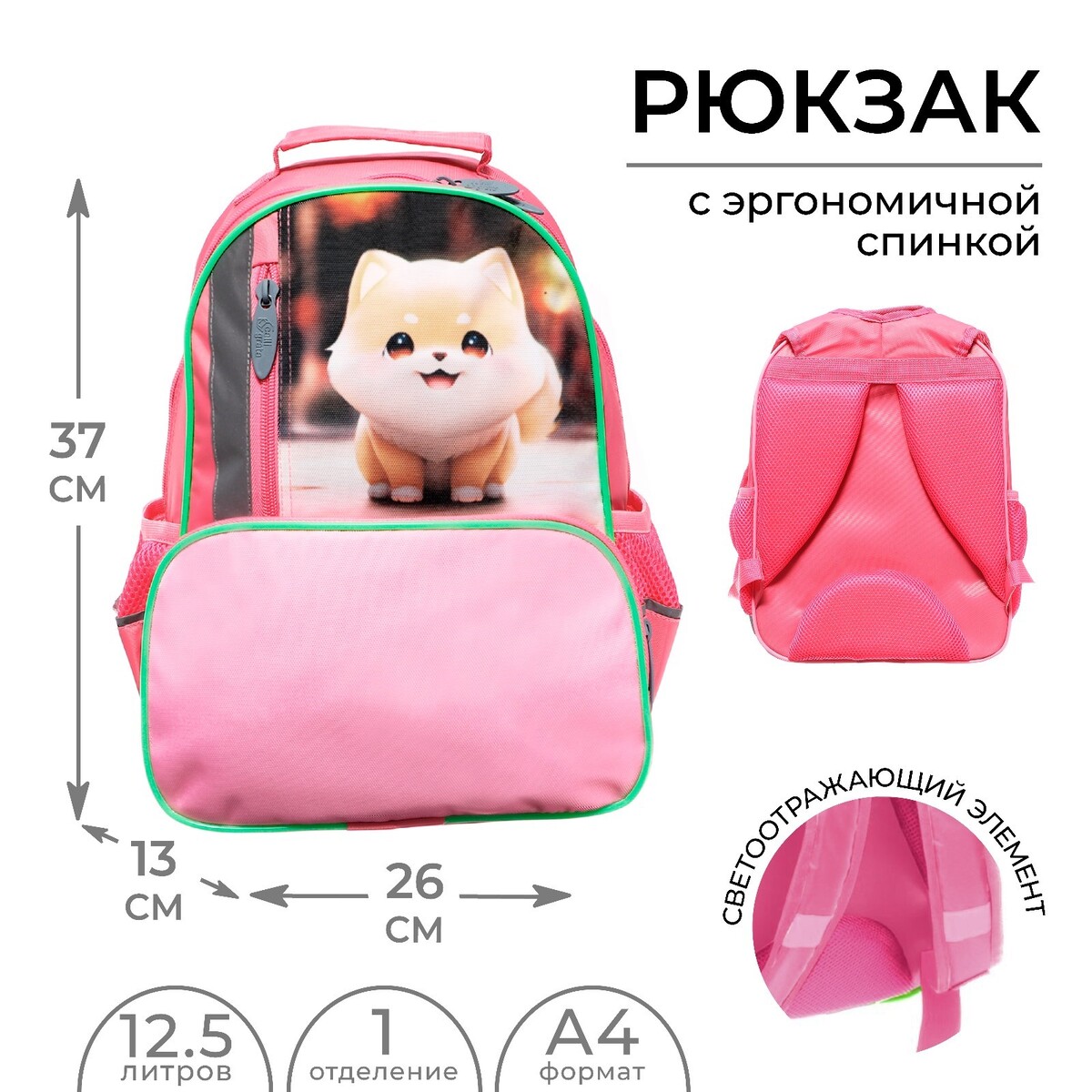 

Рюкзак школьный, 37 х 26 х 13 см, эргономичная спинка, calligrata орт, Розовый