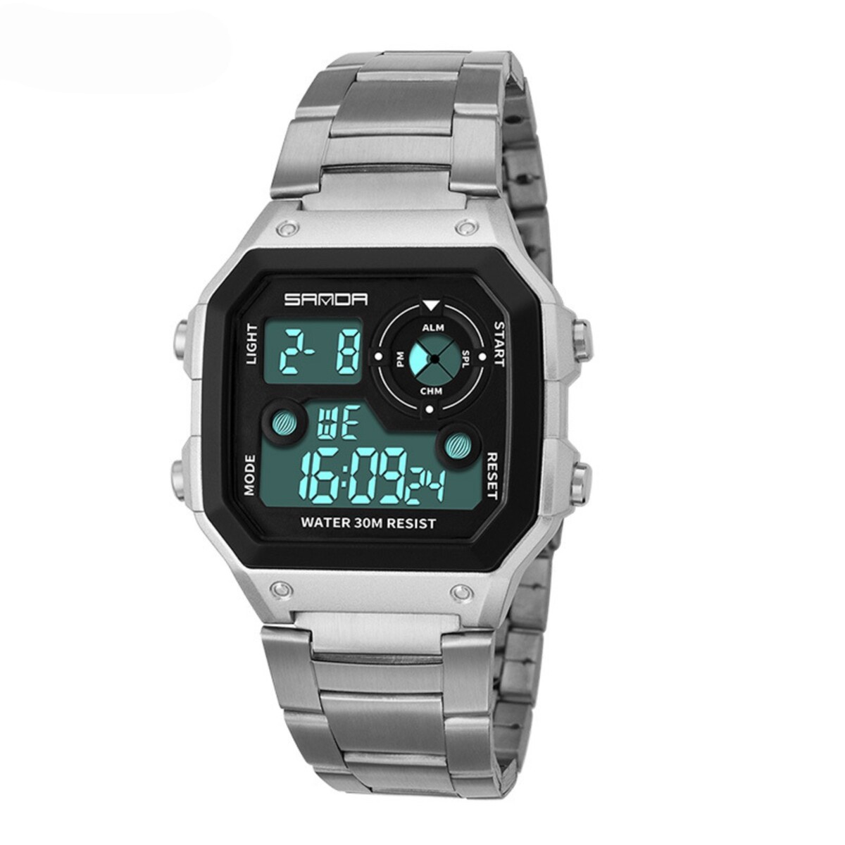 Часы наручные электронные мужские, d-4.4 см, будильник, календарь, ремешок металл, серебро