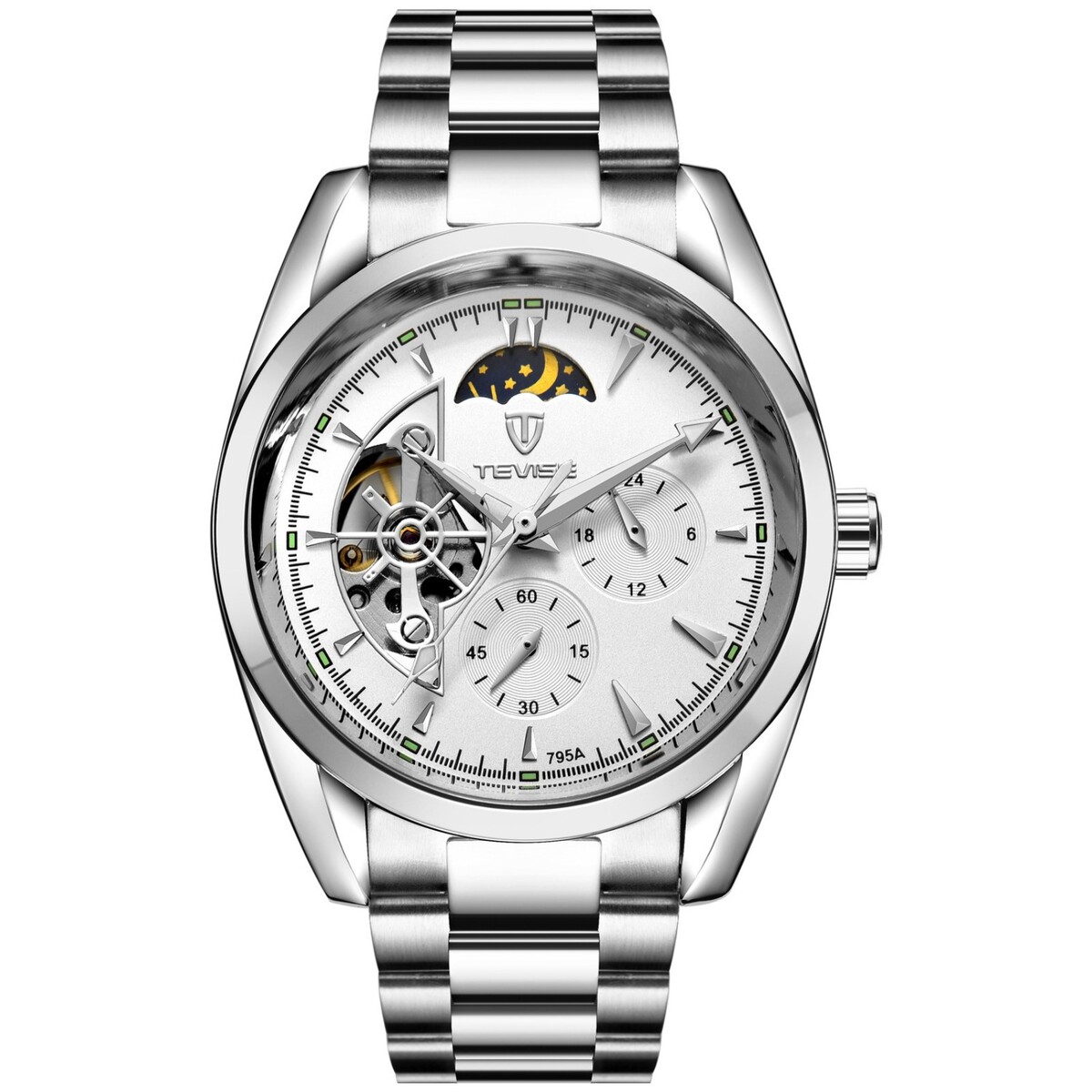 Часы наручные механические мужские, d-4.2 см, с хронографом, 3 атм, светящиеся, серебро
