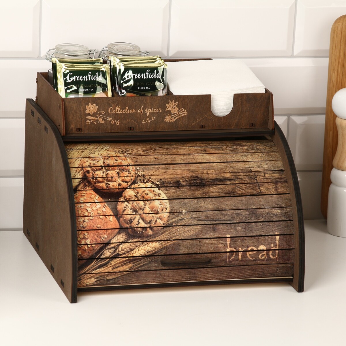 Хлебница деревянная с подставкой под специи салфетница деревянная доляна с отделениями под чай и специи 24 5×13 5×5 5 см коричневый