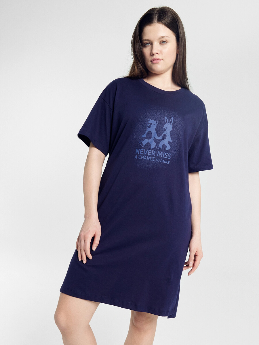 Сорочка ночная женская синяя с печатью ночная сорочка пышечка гжель