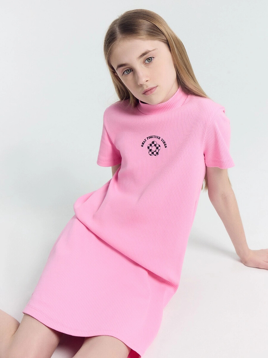 Платье для девочек розовое с печатью текстовыделитель be positive пастельный ванильный