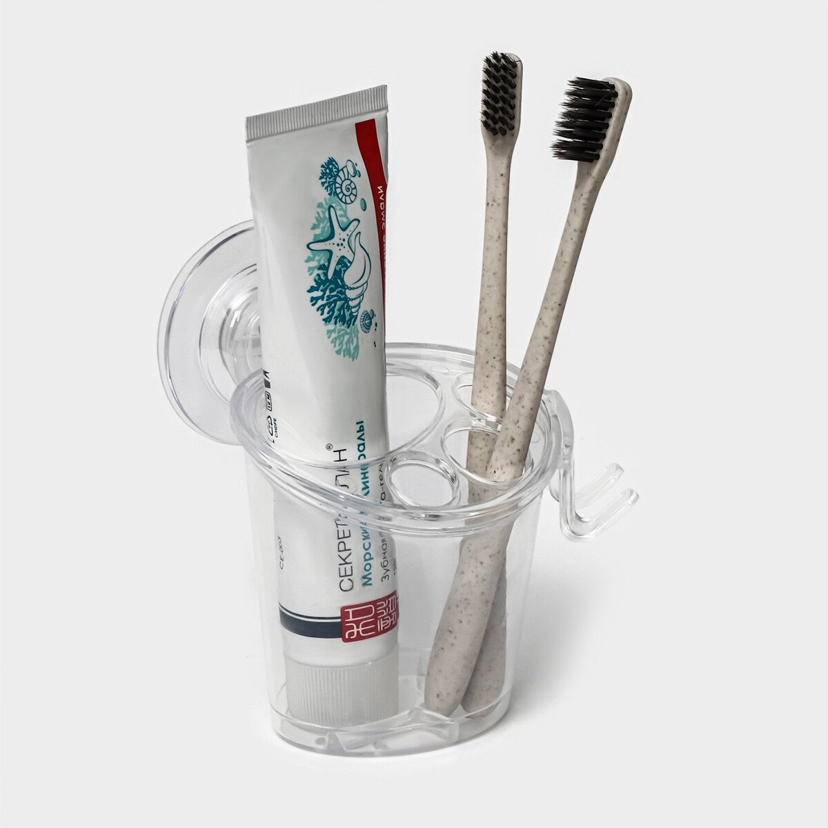 Держатель для зубных щеток и пасты на липучке доляна, 12,5×11,5×11 см, цвет прозрачный держатель для зубных щёток с 2 стаканами на липучках белый