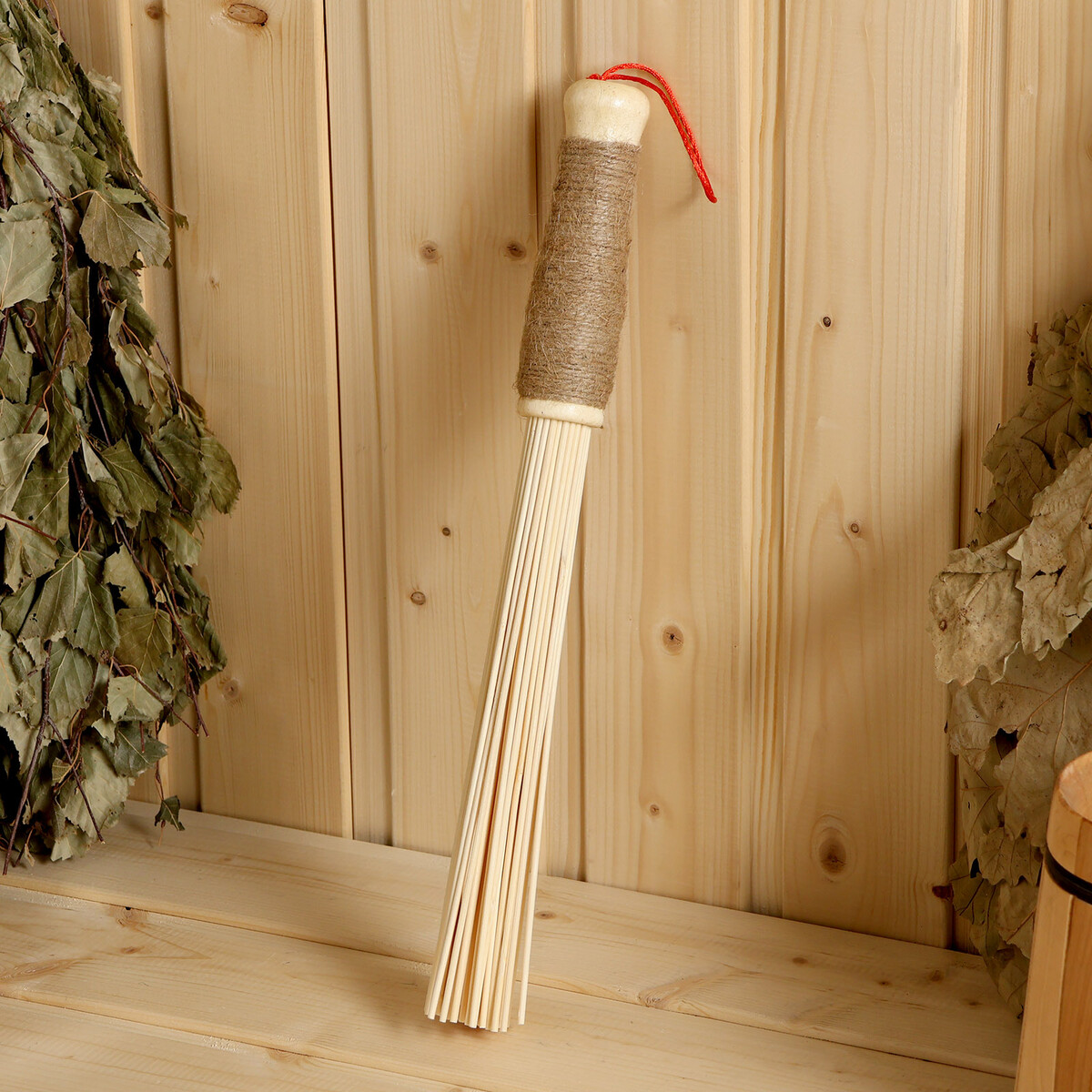 Веник массажный из бамбука 36см, 0,2см прут, джутовая ручка веник массажный для бани короткий