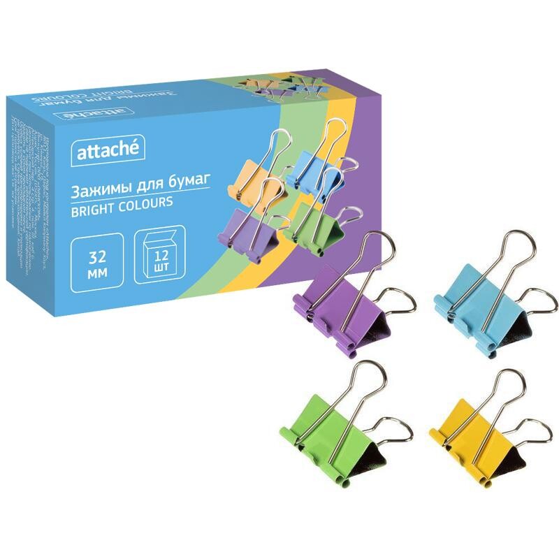 

Зажимы для бумаг attache bright colours 32мм,цветн, 12шт/уп в карт.коробке