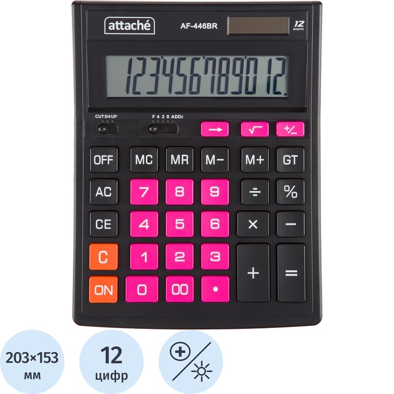 

Калькулятор настольный Attache AF-446BR 12-разрядный черный/розовый 203x153x48 мм