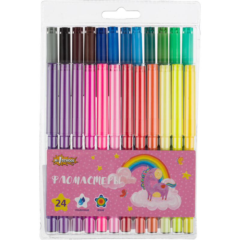 

Фломастеры Комус Класс (№1 School) Волшебный Единорог 24 цвета с вентилируемыми колпачками смываемые