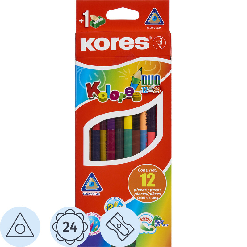 

Карандаши цветные Kores Duo 12 карандашей 24 цвета трехгранные (двусторонние)