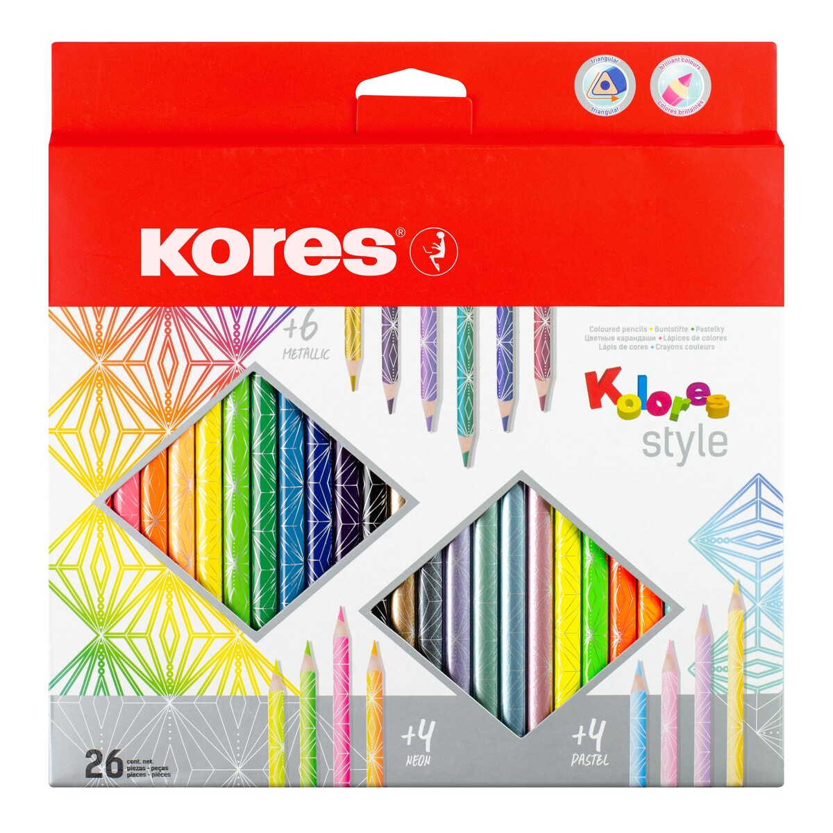 Карандаши цветные 26 цв. 3-гран, kores kolores style, 93320 Kores