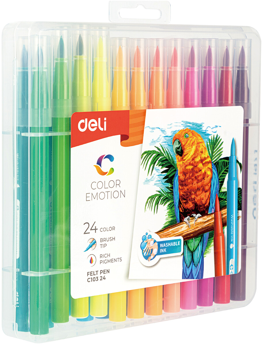 

Фломастеры набор deli color emotion кисть смываемые 24цв. пластик. пенал