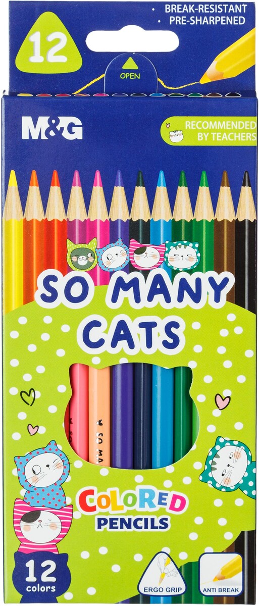 Карандаши цветные so many cats деревянные трехгранные, 12 цветов в наборе M&G