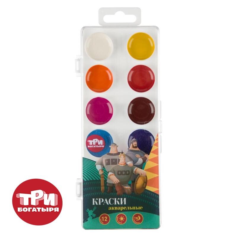 

Краски акварельные комус три богатыря набор 12цв,пласт уп б/кисти богатыри