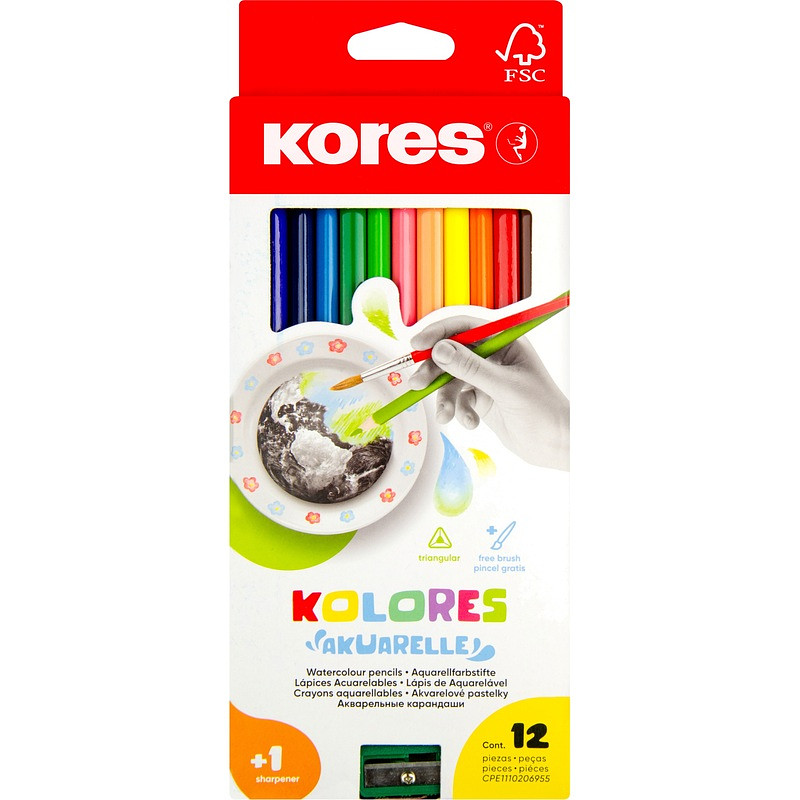 

Карандаши акварельные Kores Akuarelle трехгранные 12 цветов с кистью и точилкой в наборе