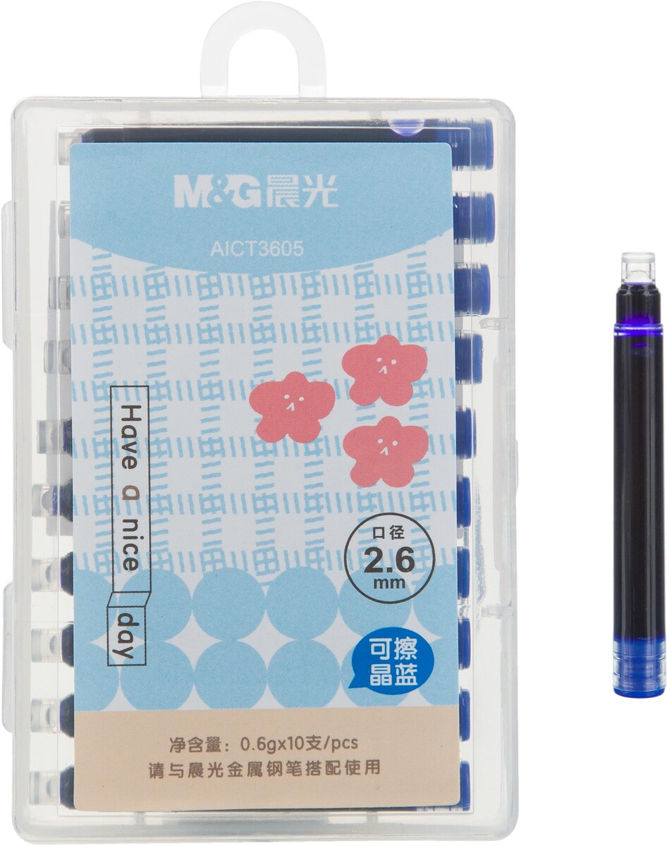 Картридж чернильный для перьевой ручки m&g синий 0,6г x 10шт/уп, пласт.кейс M&G