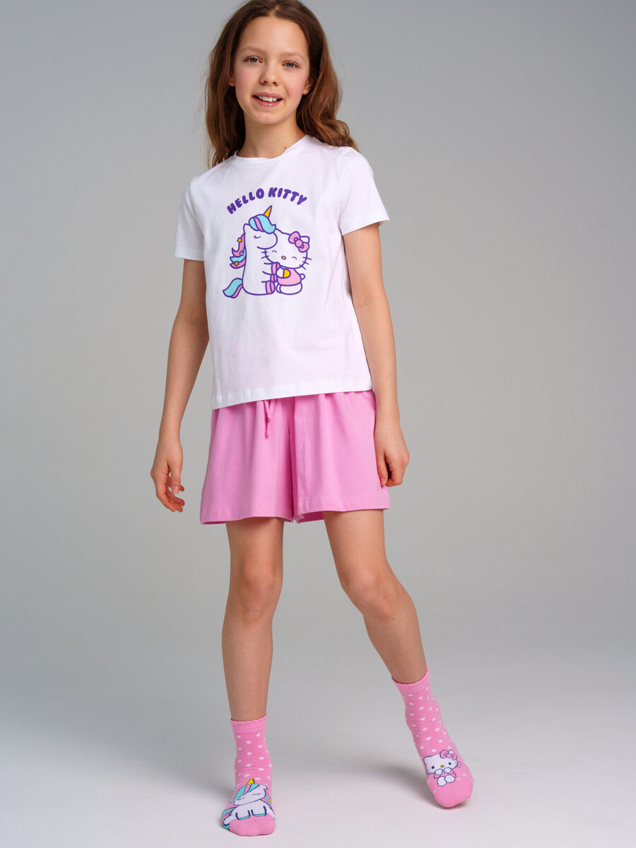 

Комплект трикотажный фуфайка футболка шорты пижама, Белый;розовый