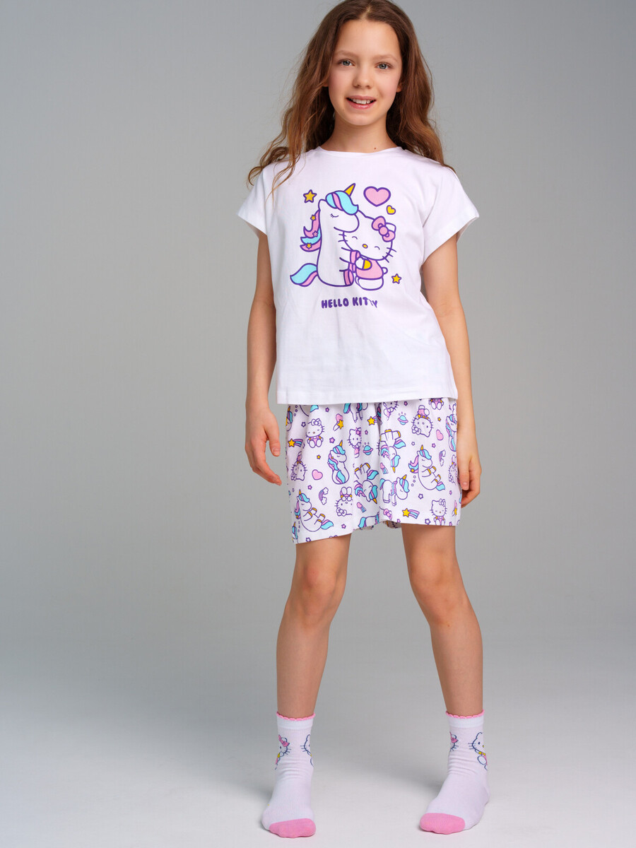 Комплект трикотажный фуфайка футболка шорты пижама PLAYTODAY, размер рост 128 см, цвет белый