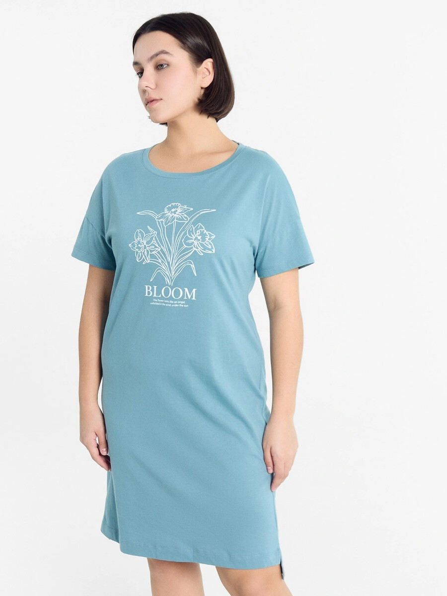 Сорочка ночная женская дымчато-голубая с печатью