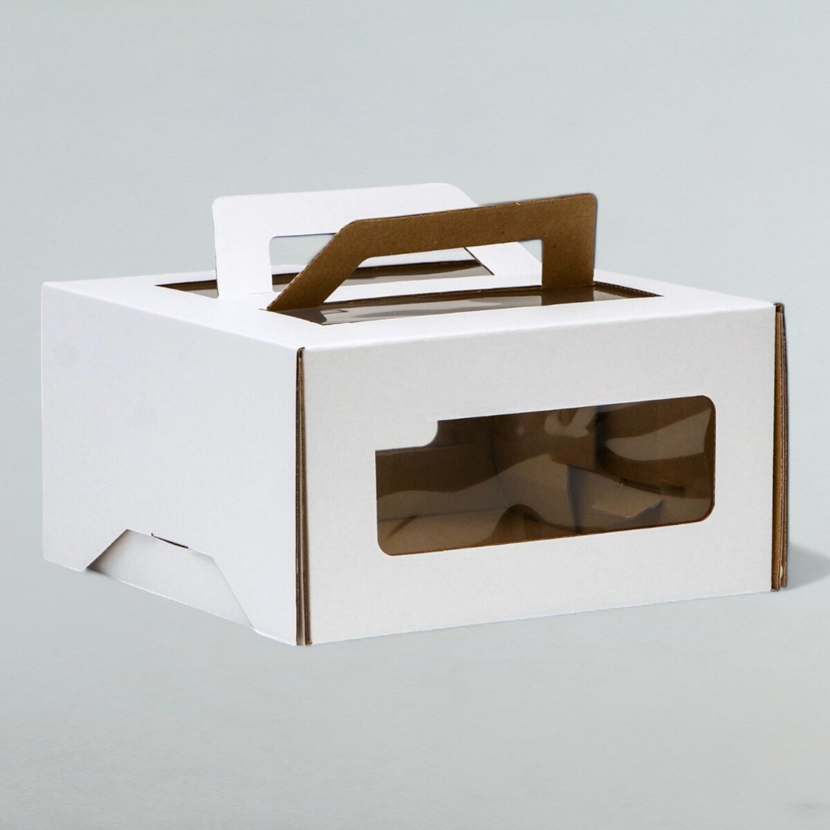 Коробка под торт 2 окна, с ручками, белая, 21 х 21 х 11 см коробка под торт