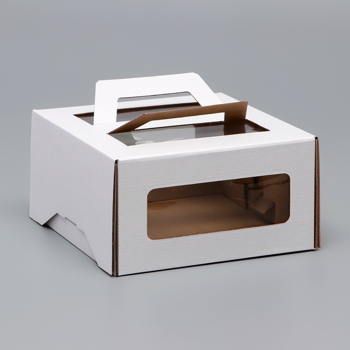 Коробка под торт 2 окна, с ручками, белая, 21 х 21 х 11 см UPAK LAND, цвет белый
