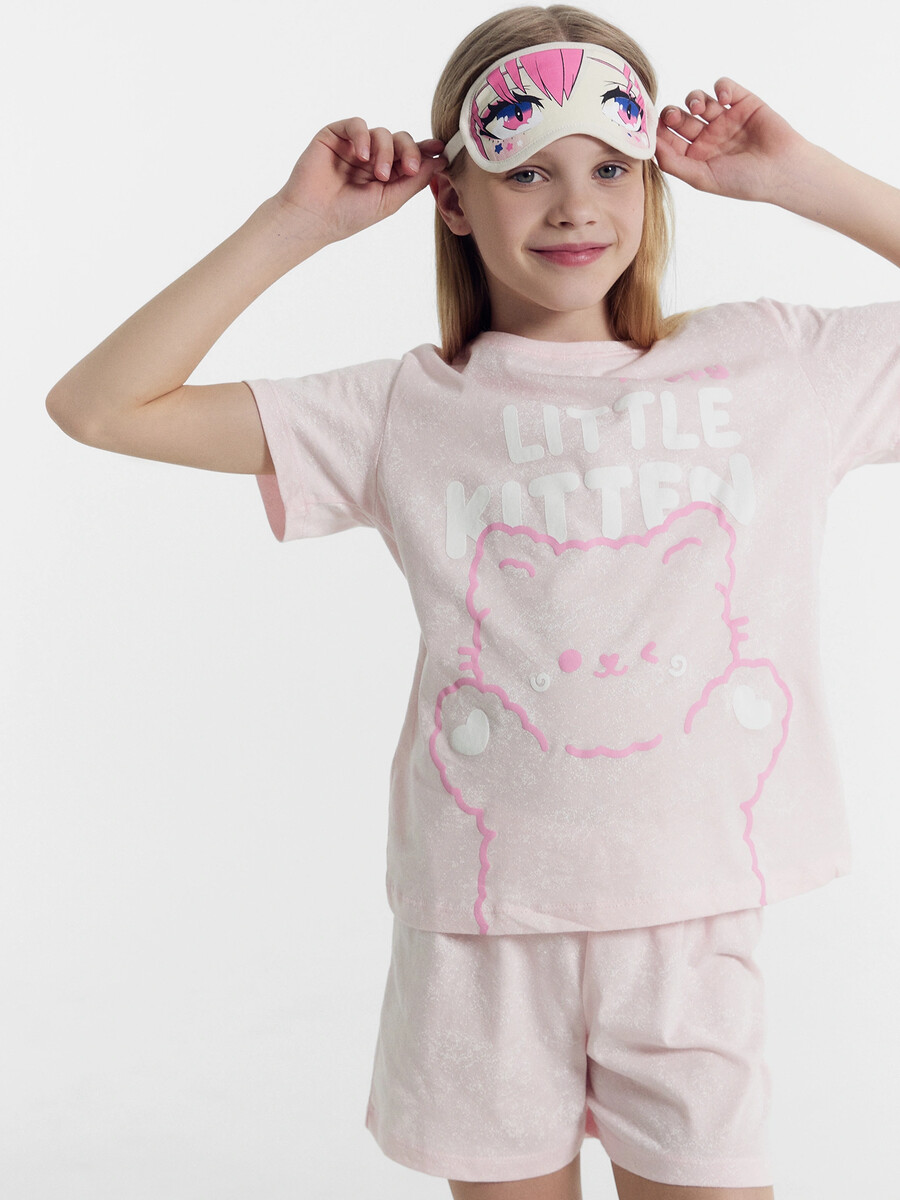 Комплект для девочек (футболка, шорты) раздельный купальник на тонких бретелях в розовом е для девочек