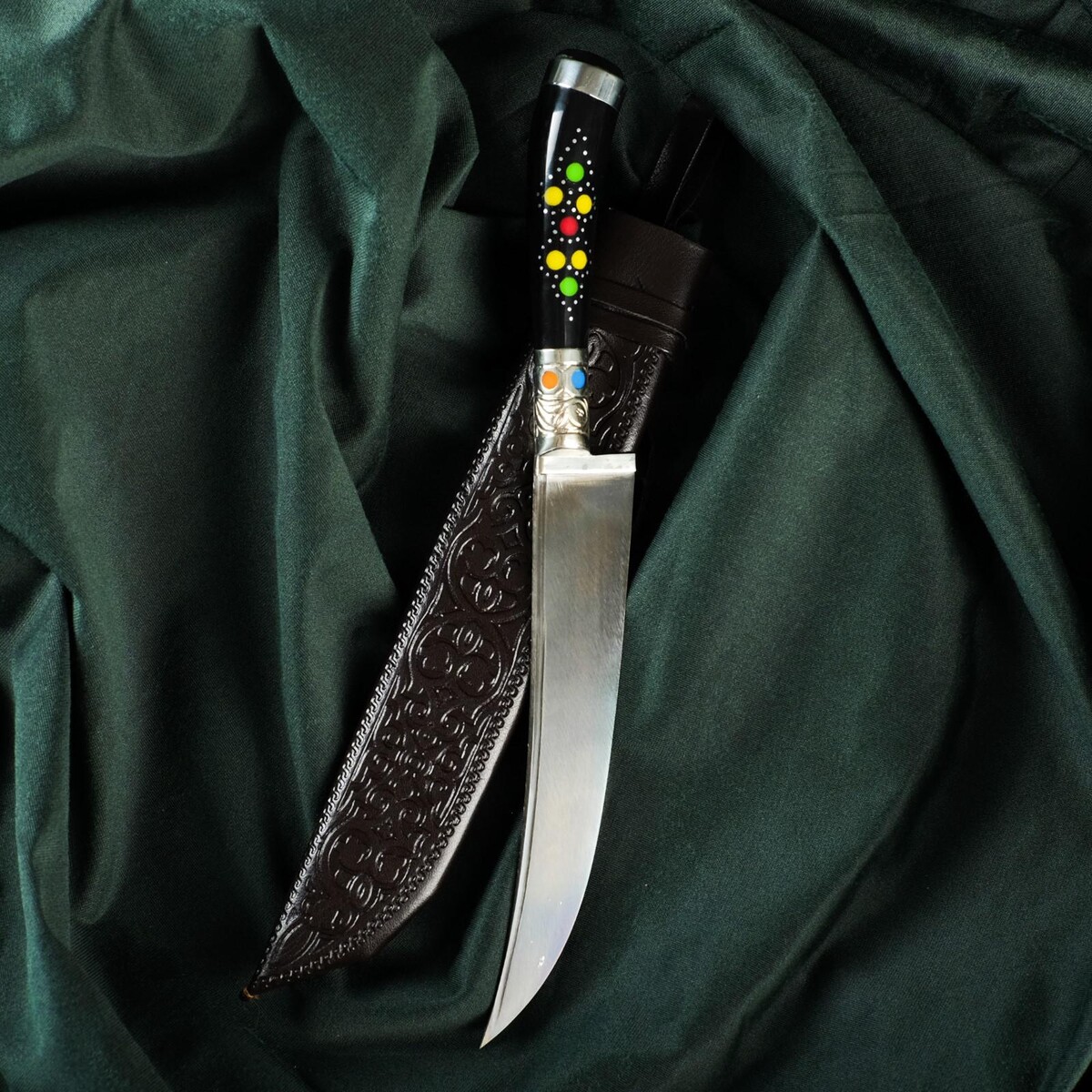 Нож пчак шархон - эбонит, ерма, гарда, навершие мельхиор, 17 см Шафран, цвет черный