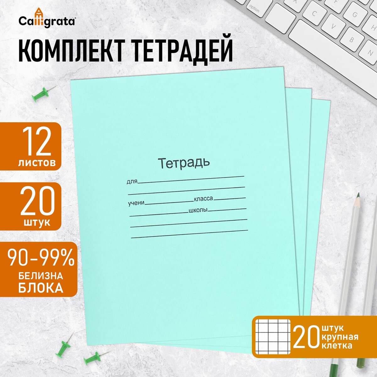 

Комплект тетрадей из 20 штук, 12 листов в крупную клетку маяк, Зеленый