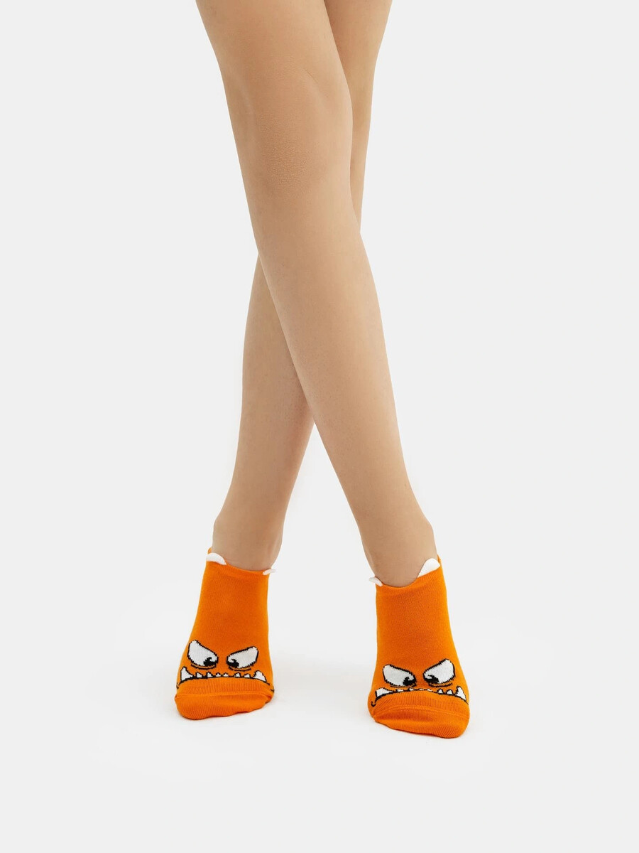 Носки детские короткие оранжевые с рисунком мордочки и 3-д элементом