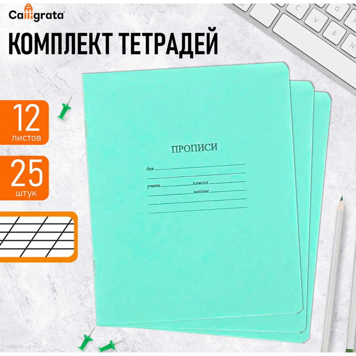 

Комплект тетрадей (прописи) из 25 штук, 12 листов в частую косую линию кфоб, Зеленый