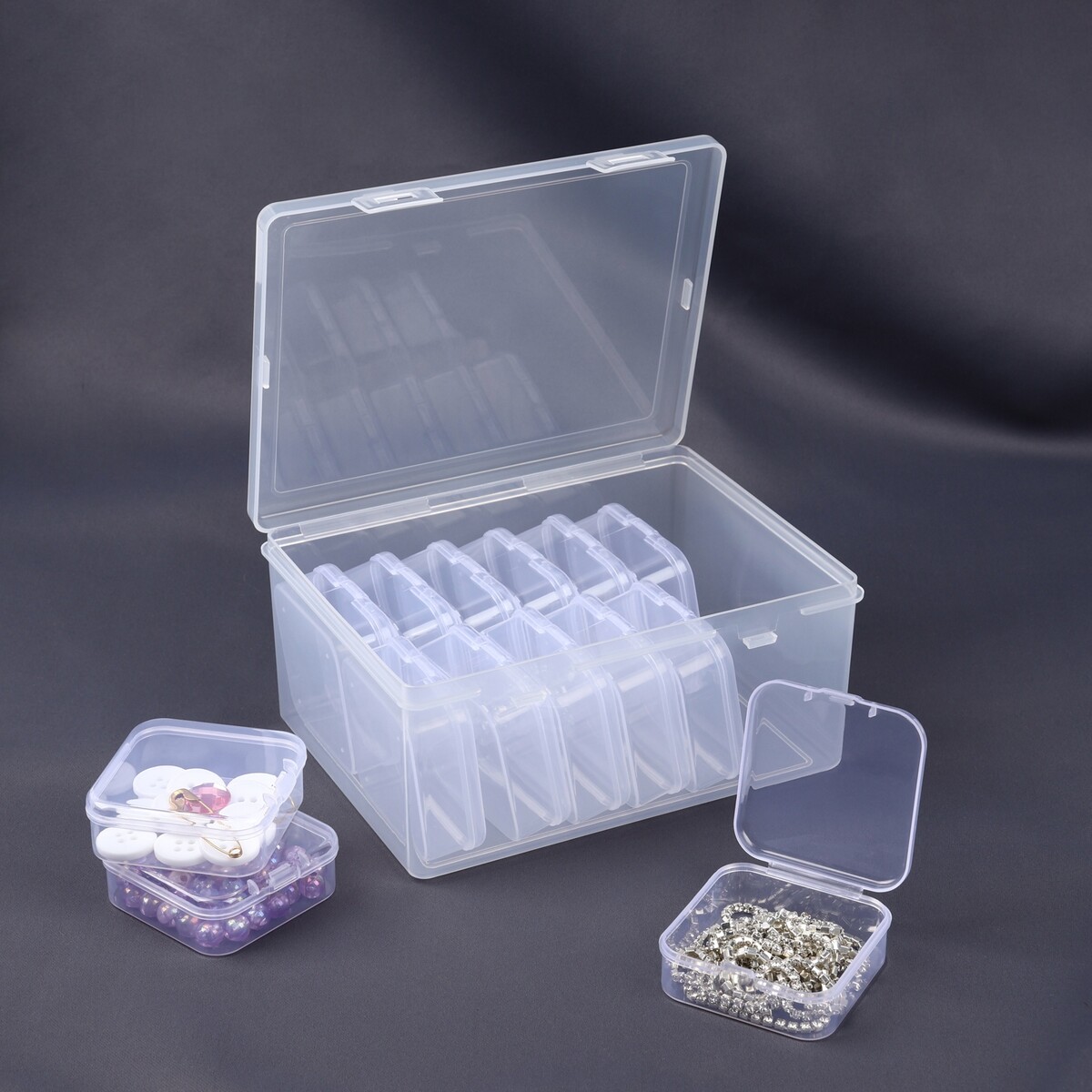 Набор коробочек для хранения мелочей, 14 шт, 5,5 × 5,5 × 2 см, в контейнере, 15,7 × 11,7 × 7,2 см, цвет прозрачный