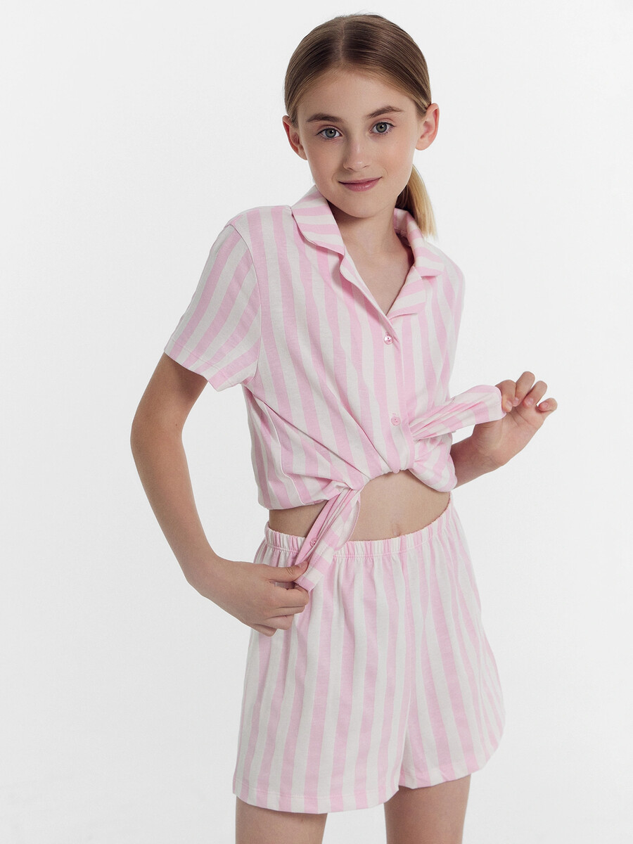 

Комплект для девочек (рубашка, шорты), Розовый;розовая полоска