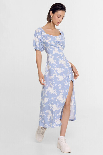 Платье женское пыльно-голубое в цветочки