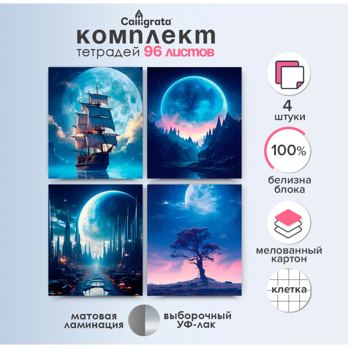 

Комплект тетрадей из 4 штук, 96 листов в клетку calligrata, Разноцветный
