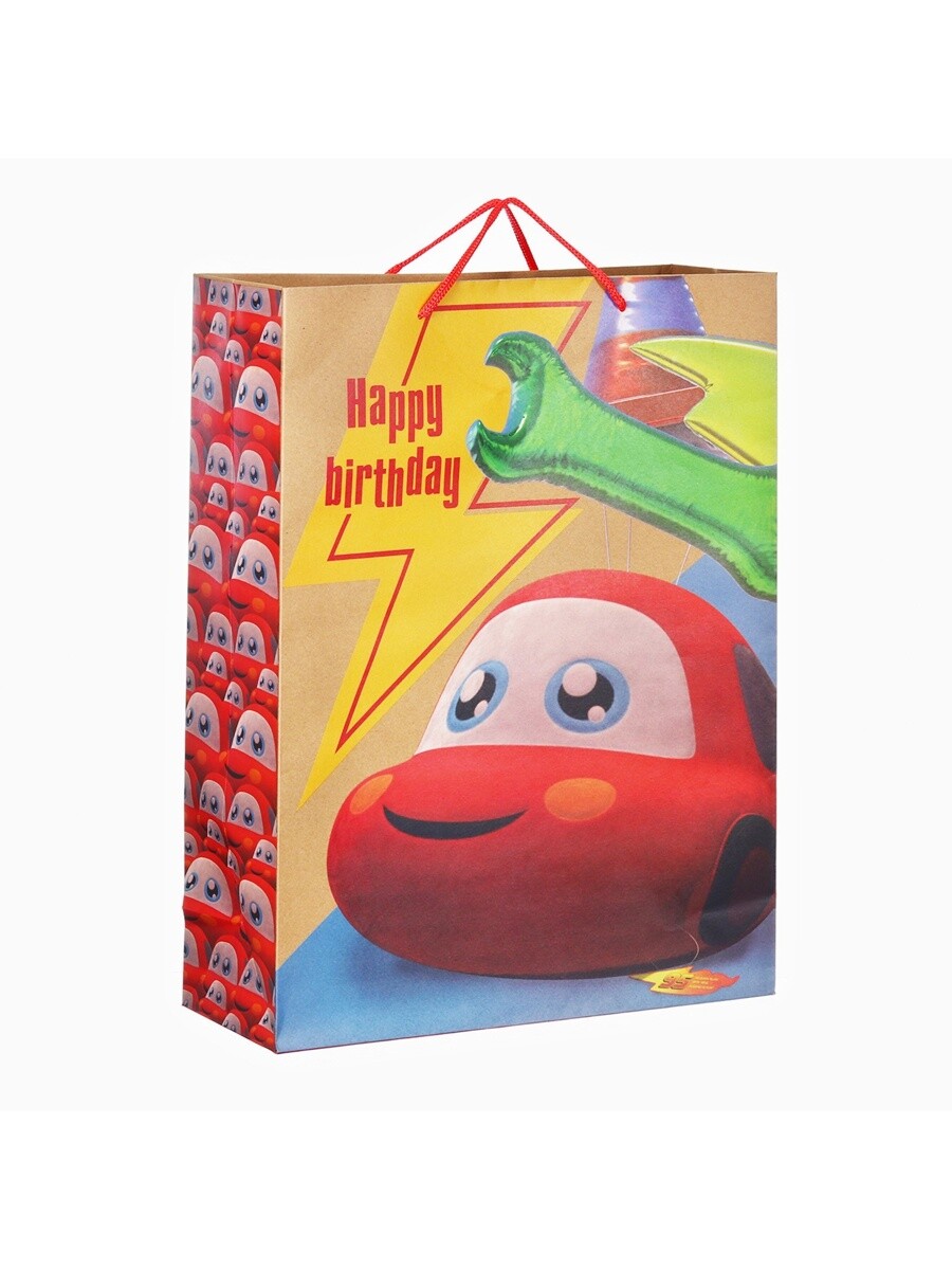 

Пакет подарочный крафт happy birthday, 40×31×11.5 см, тачки, Разноцветный