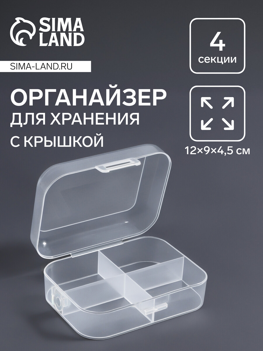 

Органайзер для хранения, с крышкой, 4 секции, 12 × 9 × 4,5 см, цвет прозрачный