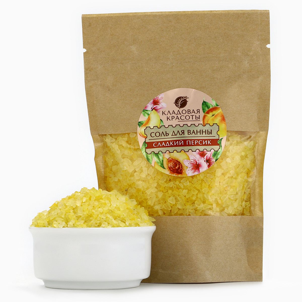 

Соль для ванны, 150 г, аромат сладкого персика, кладовая красоты, Желтый