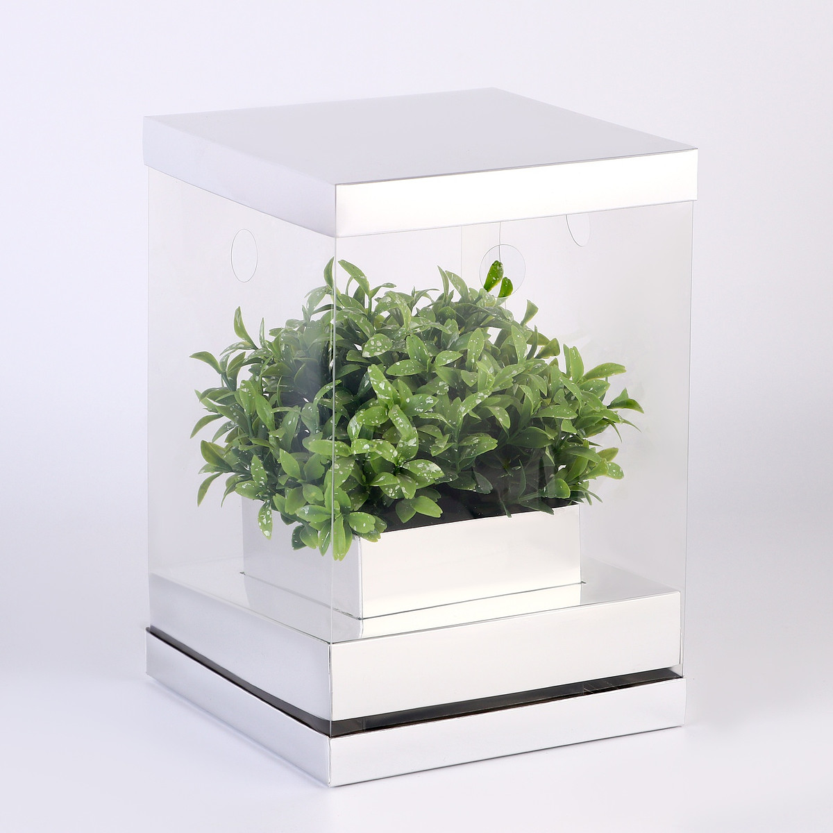 

Коробка для цветов и букетов, с вазой и pvc окнами складная, 16×23×16 см, серебро, Серебристый