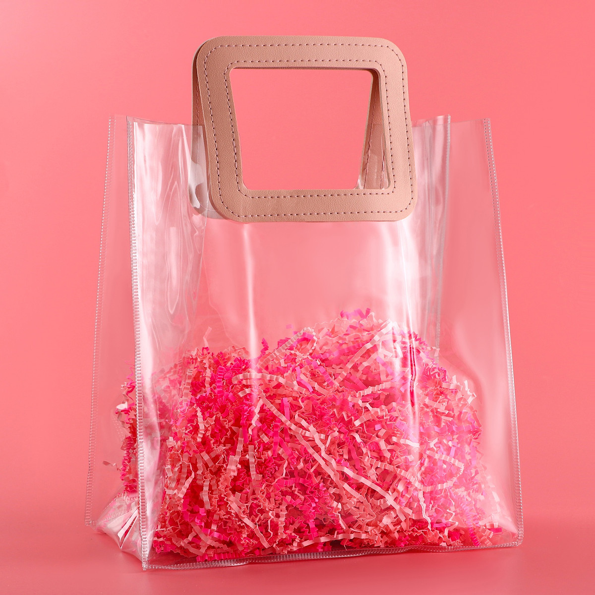 

Пакет подарочный из пвх, розовый, 25×28×15 см, Прозрачный
