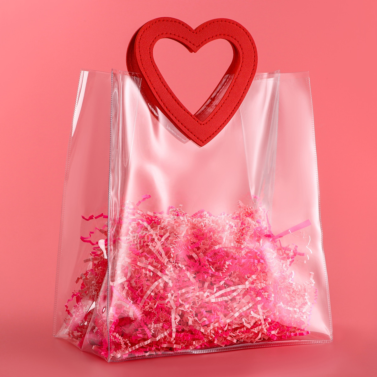 

Пакет подарочный из пвх, прозрачный, красные ручки, 25×28×15 см