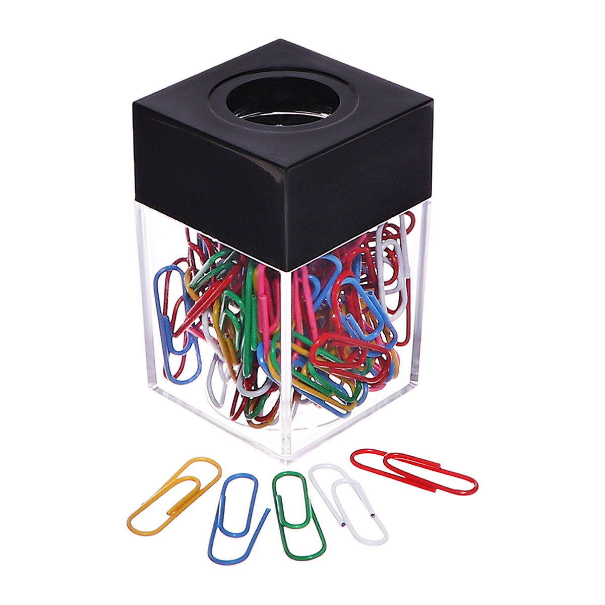 

Скрепочница квадратная с магнитом прозрачная пластик, скрепки цветные 28 мм-100 штук, Разноцветный
