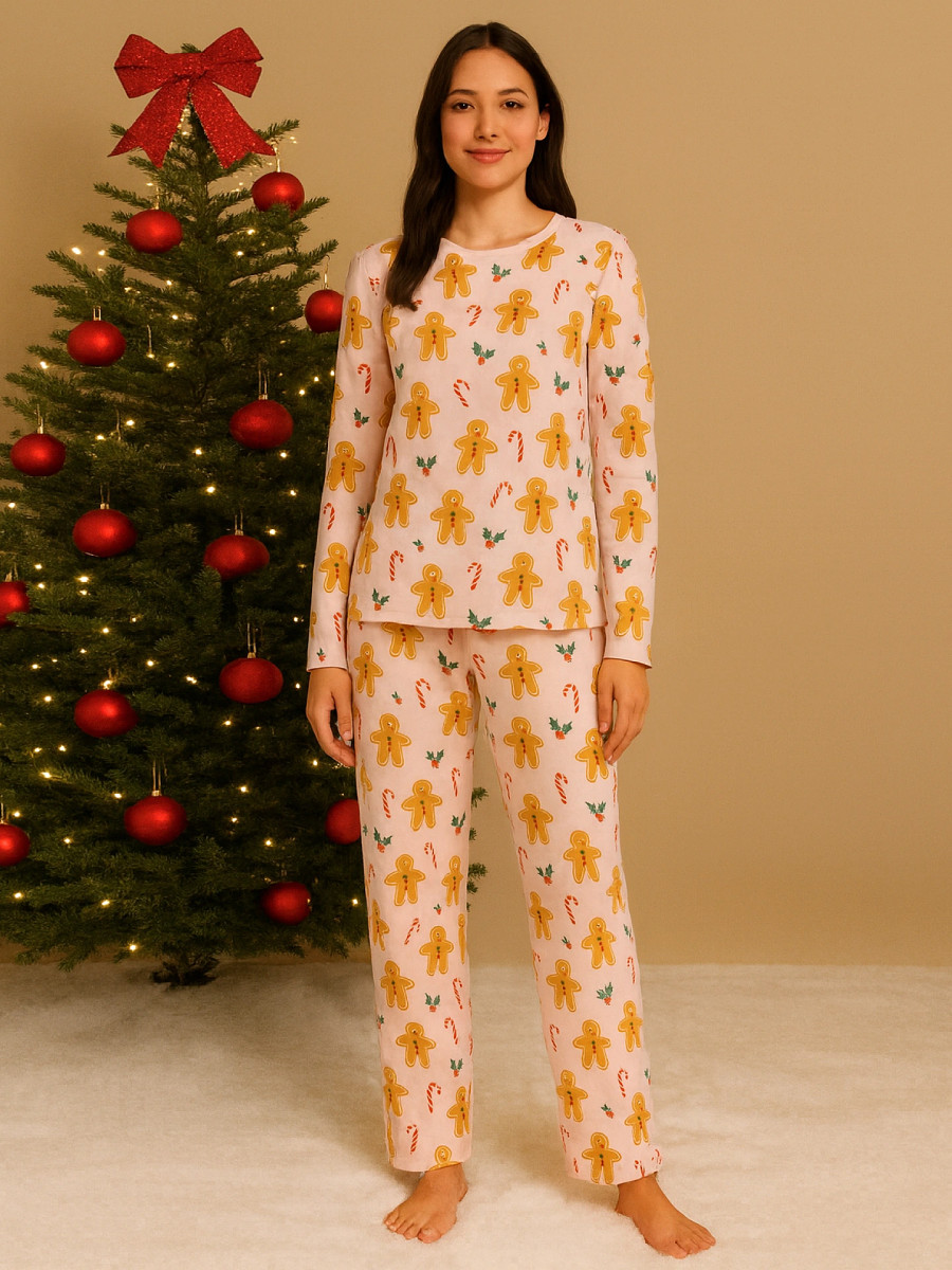 

Пижама женская розовая с новогодним принтом, Розовый;печенье на розовом