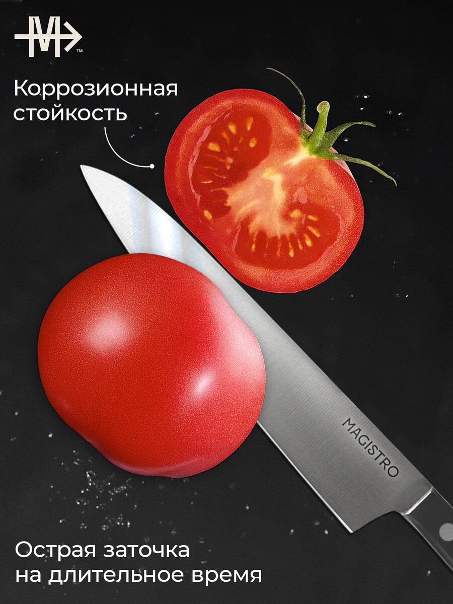 

Нож кухонный универсальный magistro hinshitsu, нержавеющая сталь, лезвие 15.7 см, длина 29 см, черный