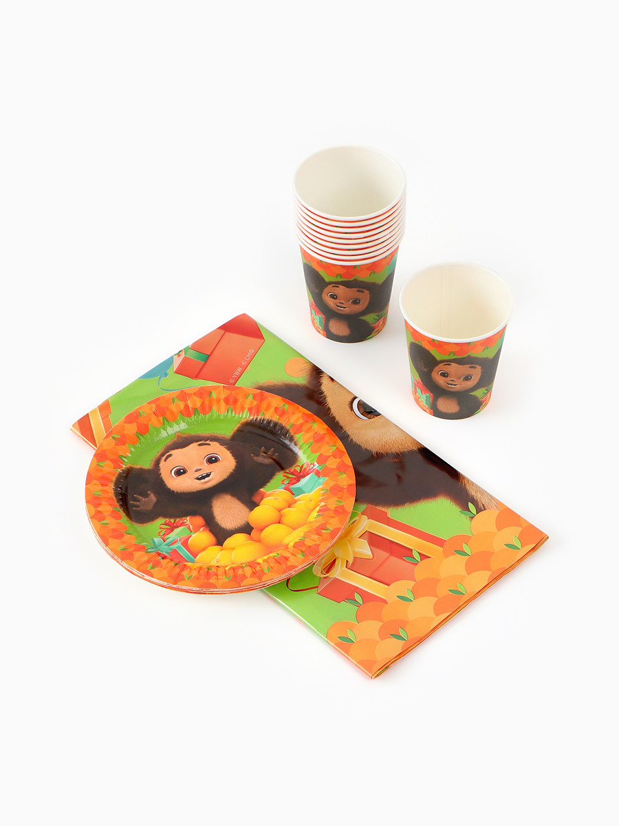 

Посуда одноразовая бумажная для праздника, на 10 персон, стакан, тарелка, скатерть, чебурашка, Разноцветный