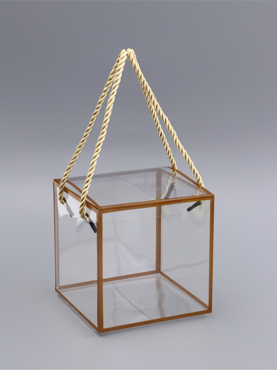 

Коробка из pet с ручками, прозрачная с золотым, 12×12×12 см, Прозрачный
